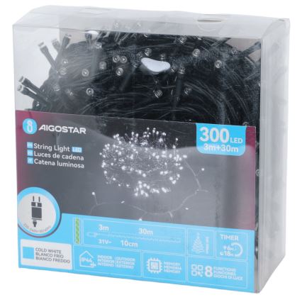 Aigostar - LED udendørs julelyskæde 300xLED/8 funktioner 30m IP44 kold hvid