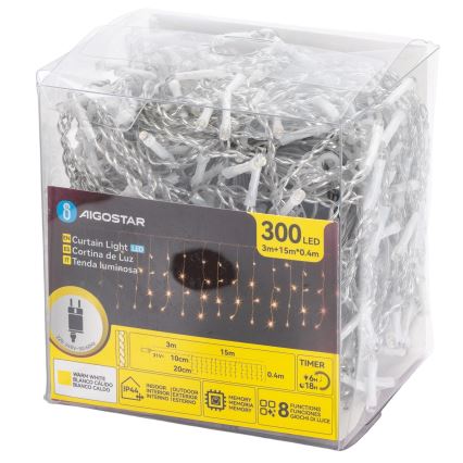Aigostar - LED udendørs julelyskæde 300xLED/8 funktioner 15x0,4 m IP44 varm hvid