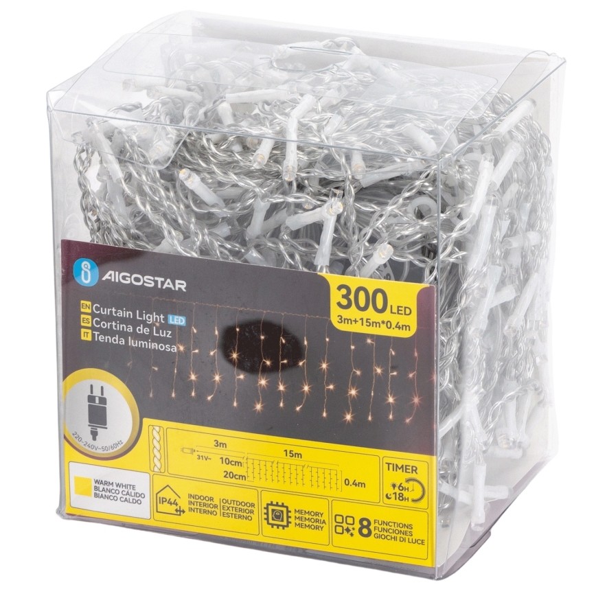 Aigostar - LED udendørs julelyskæde 300xLED/8 funktioner 15x0,4 m IP44 varm hvid