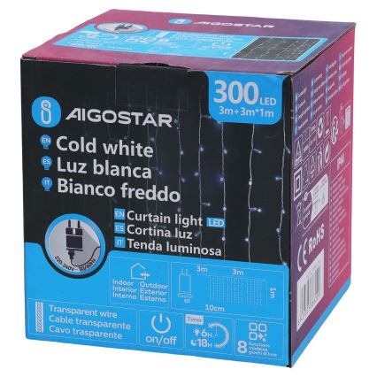Aigostar - LED udendørs julelyskæde 300 LED / 8 funktioner, 3 x 1 m, IP44, kold hvid + fjernbetjening