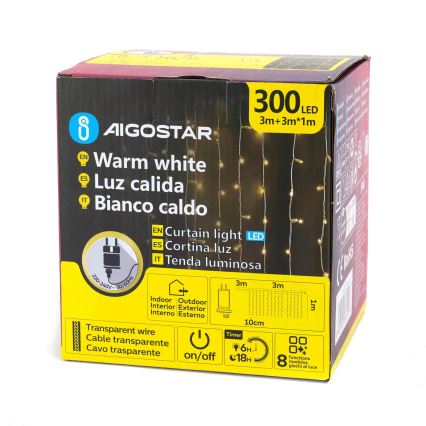 Aigostar - LED udendørs lyskæde 300 LED/8 funktioner 3x1m IP44 varm hvid + fjernbetjening