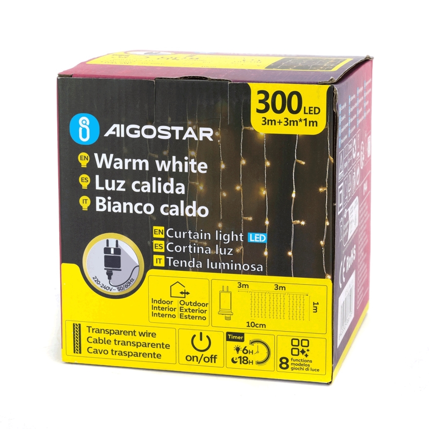 Aigostar - LED udendørs lyskæde 300 LED/8 funktioner 3x1m IP44 varm hvid + fjernbetjening