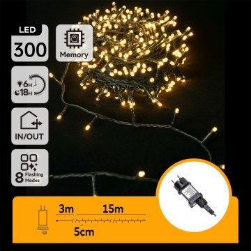 Aigostar - LED udendørs julelyskæde 300xLED/8 funktioner 18m IP44 varm hvid