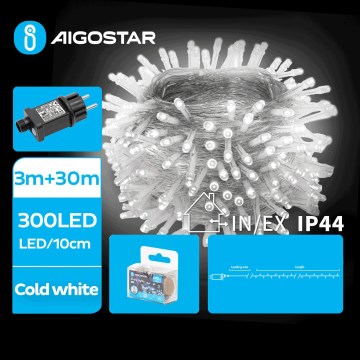 Aigostar - LED udendørs julelyskæde 300xLED/8 funktioner 33m IP44 kold hvid