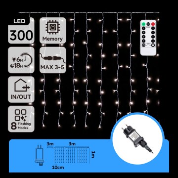 Aigostar - LED udendørs julelyskæde 300xLED/8 funktioner 3x1m IP44 kølig hvid + fjernbetjening