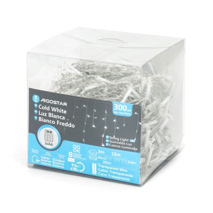 Aigostar - LED udendørs julelyskæde 300xLED/8 funktioner 3xAA 18x0,6 m IP44 kølig hvid