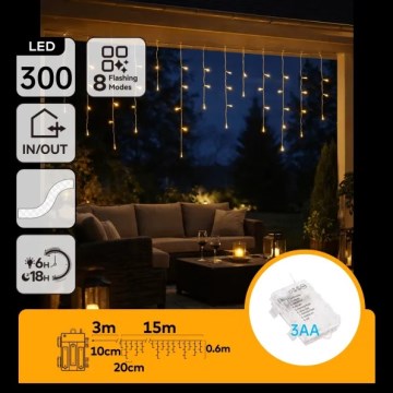 Aigostar - LED udendørs julelyskæde 300xLED/8 funktioner 3xAA 18x0,6 m IP44 varm hvid