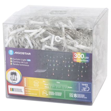 Aigostar - LED udendørs julelyskæde 300 LED / 8 funktioner 3x AA 18 x 0,6 m IP44 multifarvet