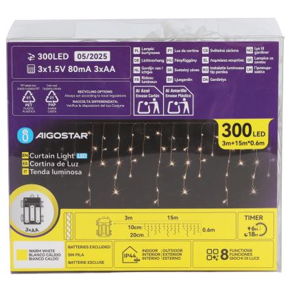 Aigostar - LED udendørs julelyskæde 300xLED/8 funktioner 3xAA 18x0,6 m IP44 varm hvid