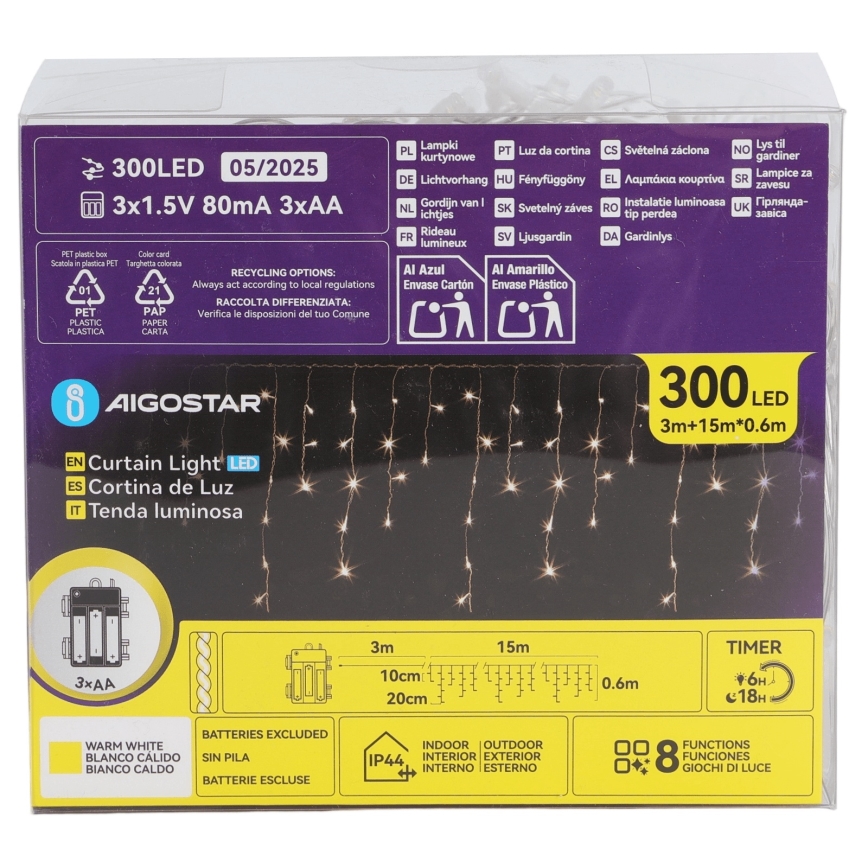 Aigostar - LED udendørs julelyskæde 300xLED/8 funktioner 3xAA 18x0,6 m IP44 varm hvid