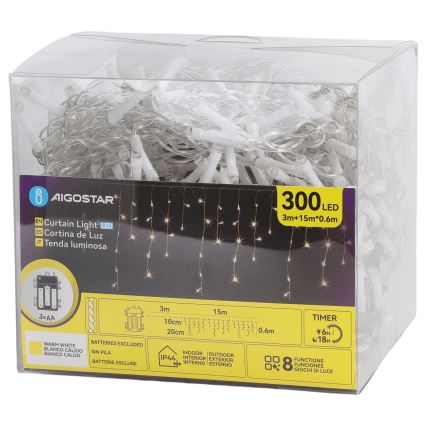 Aigostar - LED udendørs julelyskæde 300xLED/8 funktioner 3xAA 18x0,6 m IP44 varm hvid