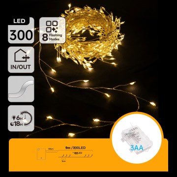 Aigostar - LED udendørs julelyskæde 300xLED/8 funktioner 3xAA 9,3m IP44 varm hvid