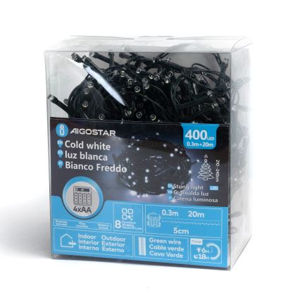 Aigostar - LED udendørs julelyskæde 400 LED/8 funktioner 4xAA 20,3 m IP44 kølig hvid