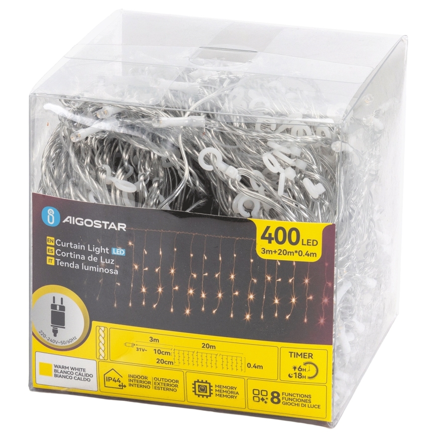 Aigostar - LED udendørs julelyskæde 400xLED/8 funktioner 20x0,4m IP44 varm hvid
