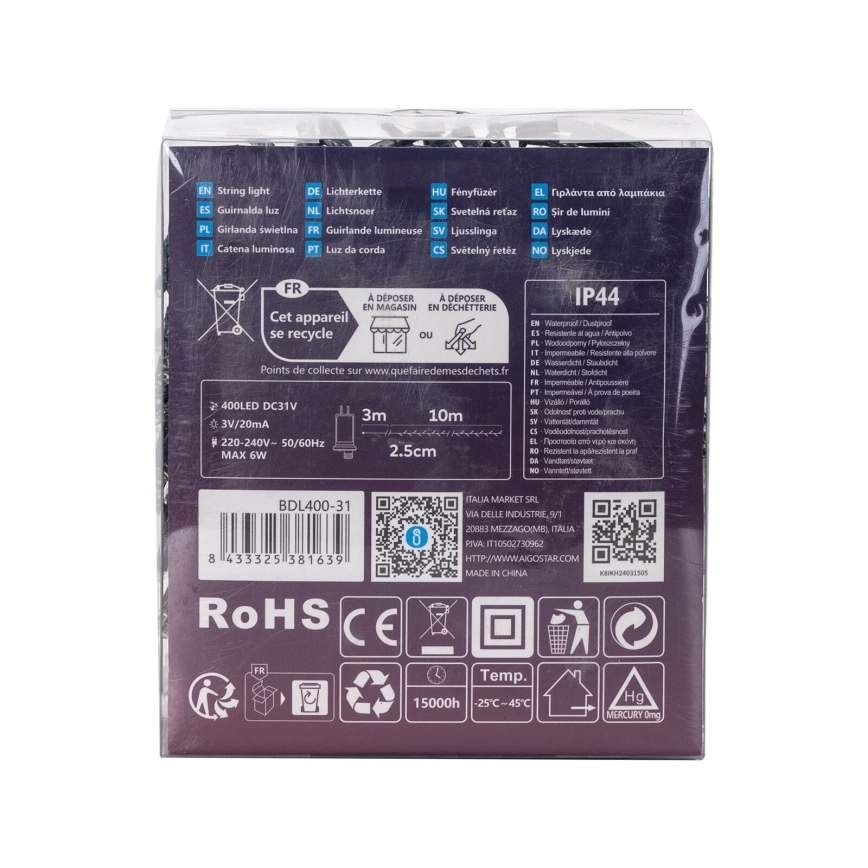 Aigostar - LED udendørs julelyskæde 400xLED/8 funktioner 13 m IP44 kold hvid