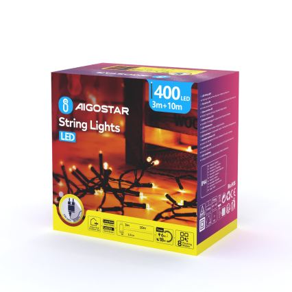 Aigostar - LED udendørs julelyskæde 400xLED/8 funktioner 13m IP44 varm hvid