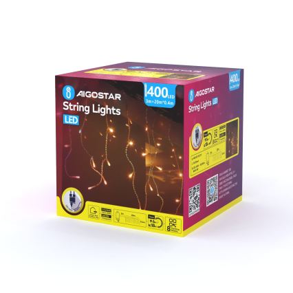 Aigostar - LED Udendørs julelyskæde 400xLED/8 funktioner 23x0,4m IP44 varm hvid