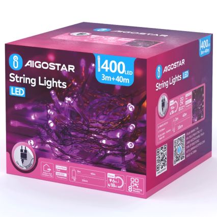 Aigostar - LED udendørs julelyskæde 400xLED/8 funktioner 43m IP44 rosa
