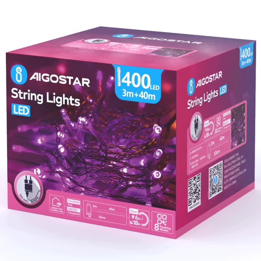 Aigostar - LED udendørs julelyskæde 400xLED/8 funktioner 43m IP44 rosa