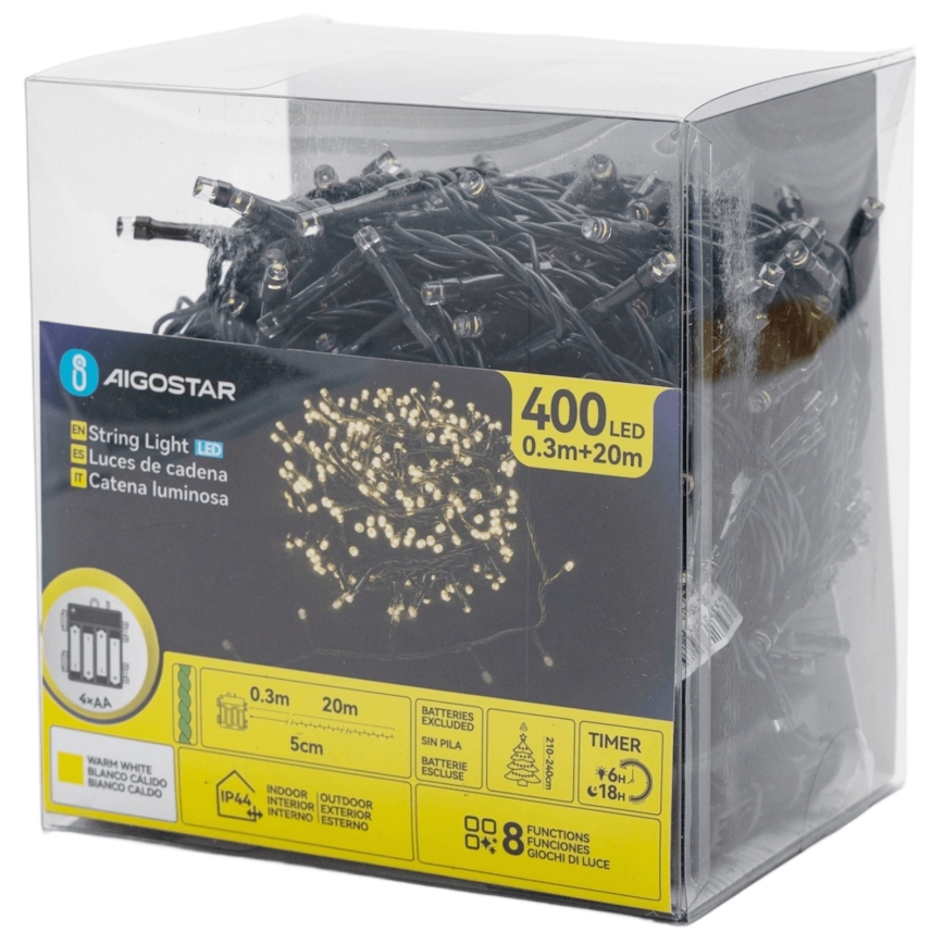 Aigostar - LED udendørs julelyskæde, 400 LED, 8 funktioner, 4xAA, 20,3 m, IP44, varm hvid