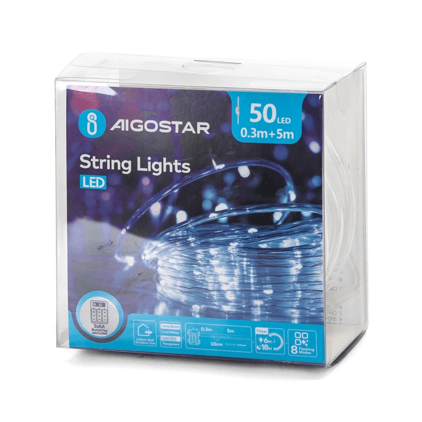 Aigostar - LED udendørs julelyskæde 50xLED/8 funktioner 3xAA 5,3m IP44 kold hvid