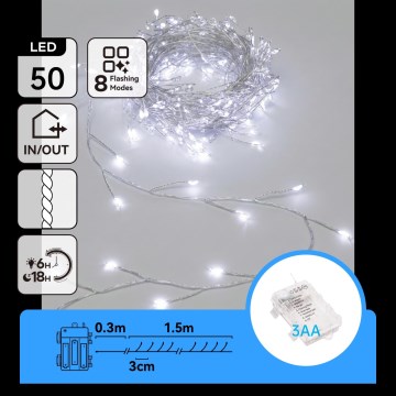 Aigostar - LED udendørs julelyskæde 50 LED / 8 funktioner 3xAA 1,8m IP44 kold hvid