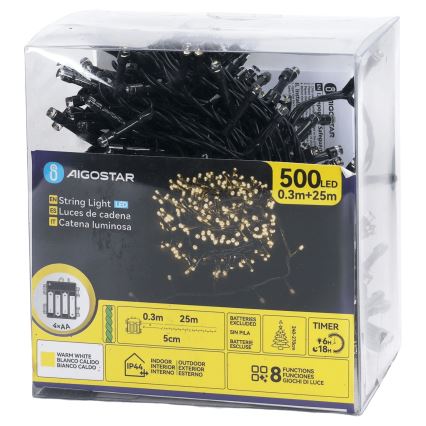 Aigostar - LED udendørs julelyskæde 500xLED/8 funktioner 4xAA 25,3 m IP44 varm hvid