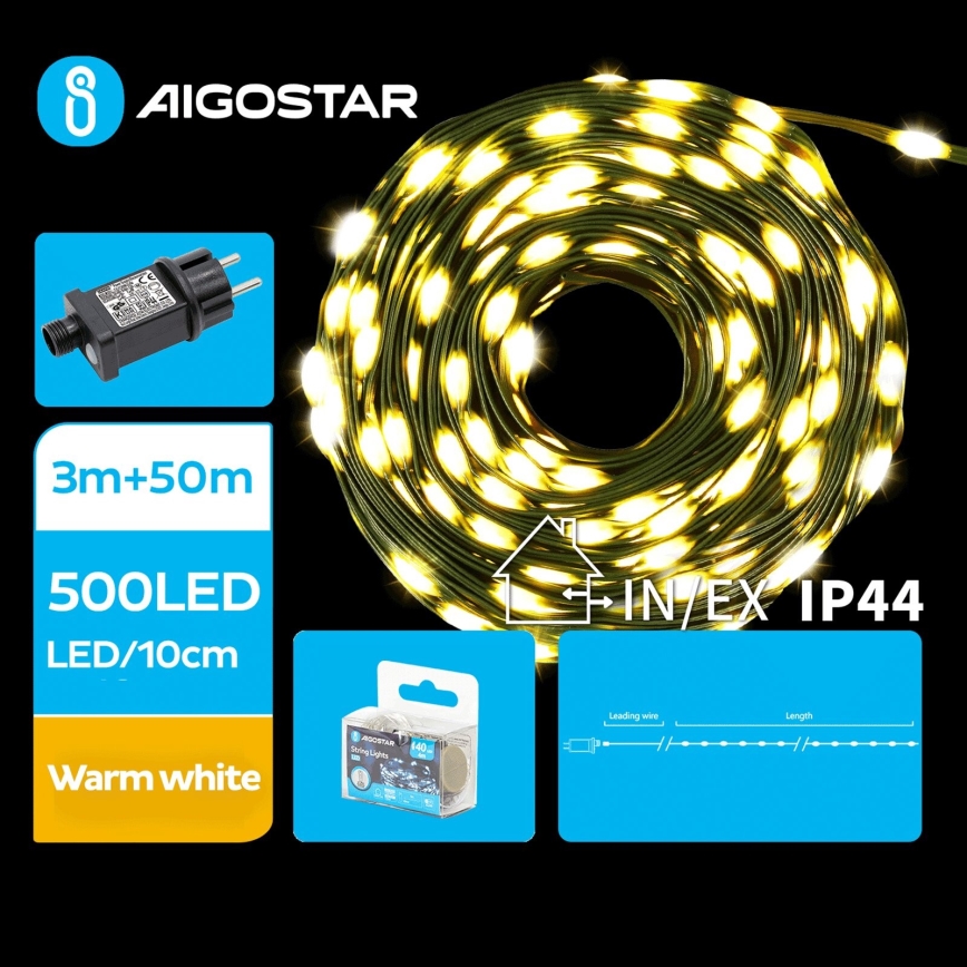 Aigostar - LED udendørs julelyskæde 500xLED/8 funktioner 53 m IP44 varm hvid