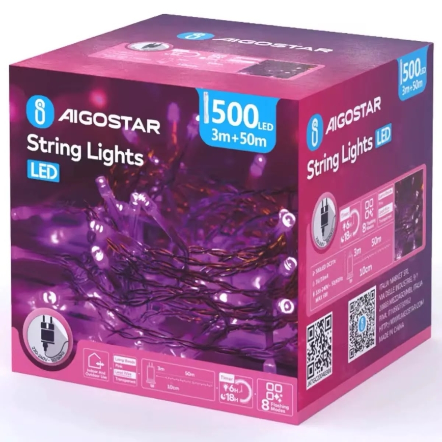 Aigostar - LED udendørs julelyskæde 500xLED/8 funktioner 53m IP44 lyserød