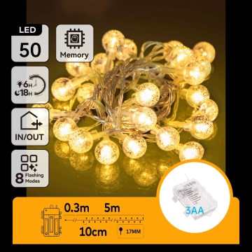 Aigostar - LED udendørs julelyskæde 50xLED/3xAA/8 funktioner 5,3 m IP44 varm hvid