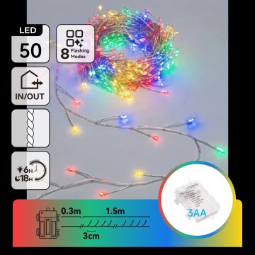 Aigostar - LED udendørs julelyskæde 50xLED/8 funktioner 3xAA 1,8m IP44 multifarvet