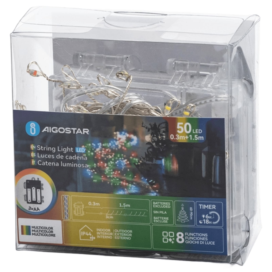 Aigostar - LED udendørs julelyskæde 50xLED/8 funktioner 3xAA 1,8m IP44 multifarvet