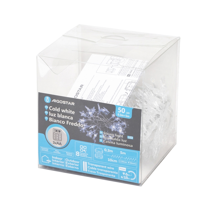 Aigostar - LED udendørs julelyskæde 50xLED/8 funktioner 3xAA 5 m IP44 kølig hvid