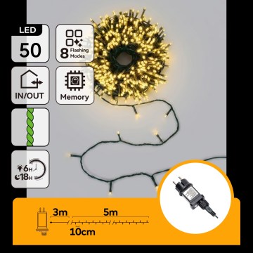 Aigostar - LED udendørs julelyskæde 50xLED/8 funktioner 8m IP44 varm hvid