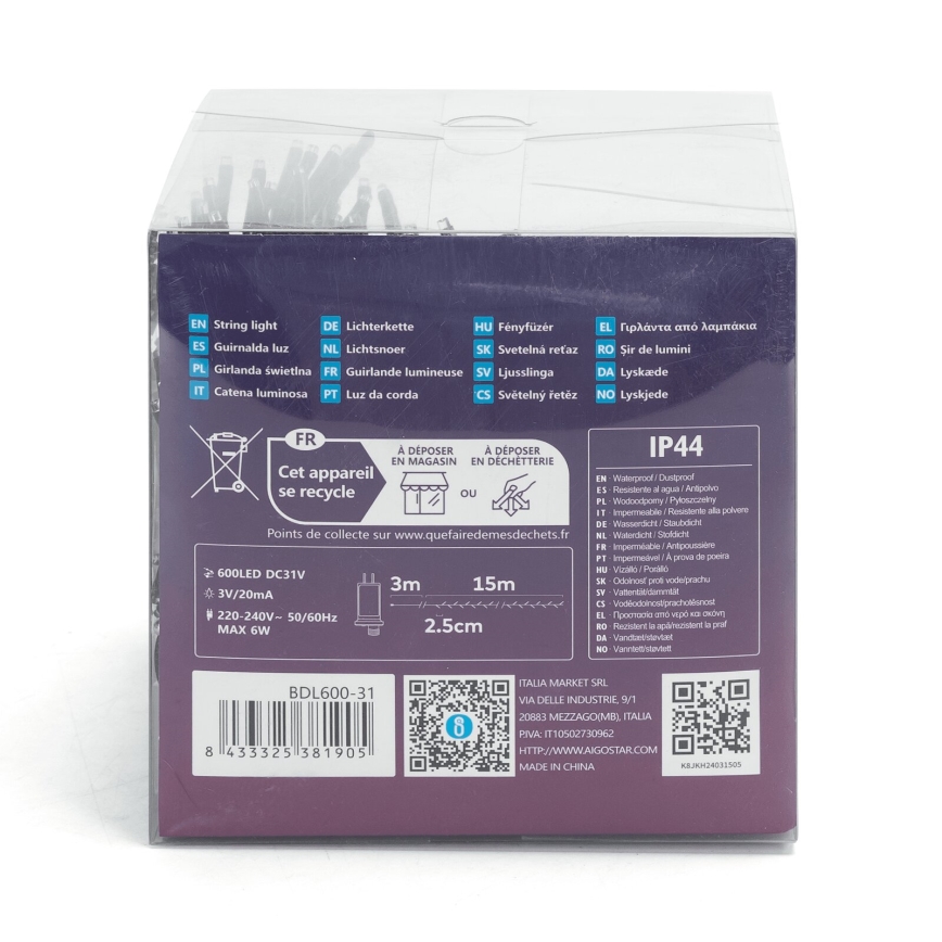 Aigostar - LED udendørs julelyskæde 600 LED/8 funktioner 18 m IP44 kold hvid