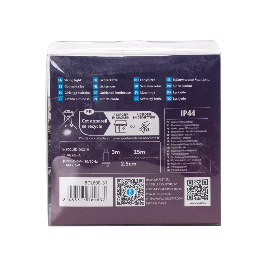 Aigostar - LED udendørs julelyskæde 600 LED/8 funktioner 18 m IP44 varmhvid