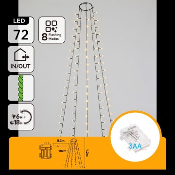 Aigostar - LED udendørs julelyskæde 72xLED/8 funktioner 3xAA 1,2m IP44 varm hvid