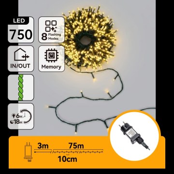 Aigostar - LED udendørs julelyskæde 750xLED/8 funktioner 78m IP44 varm hvid