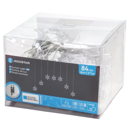 Aigostar - LED udendørs julelyskæde 84xLED/8 funktioner 1,2x1m IP44 kølig hvid snefnug