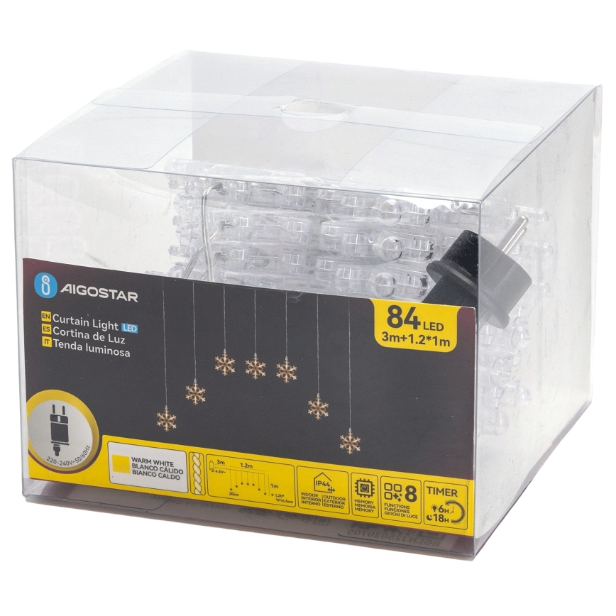Aigostar - LED udendørs julelyskæde 84xLED/8 funktioner 1,2x1m IP44 varm hvid snefnug