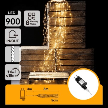 Aigostar - LED udendørs julelyskæde 900 LED/8 funktioner 6 m IP44 varm hvid