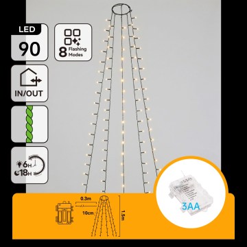 Aigostar - LED udendørs juleslynge 90xLED/8 funktioner 3xAA 1,5 m IP44 varm hvid