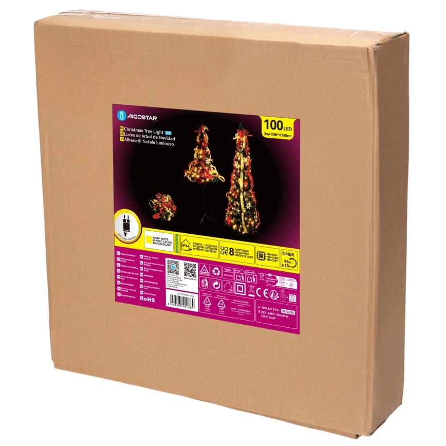 Aigostar - LED udendørs juletræ 100xLED 1,5m IP44 rød/guld varm hvid