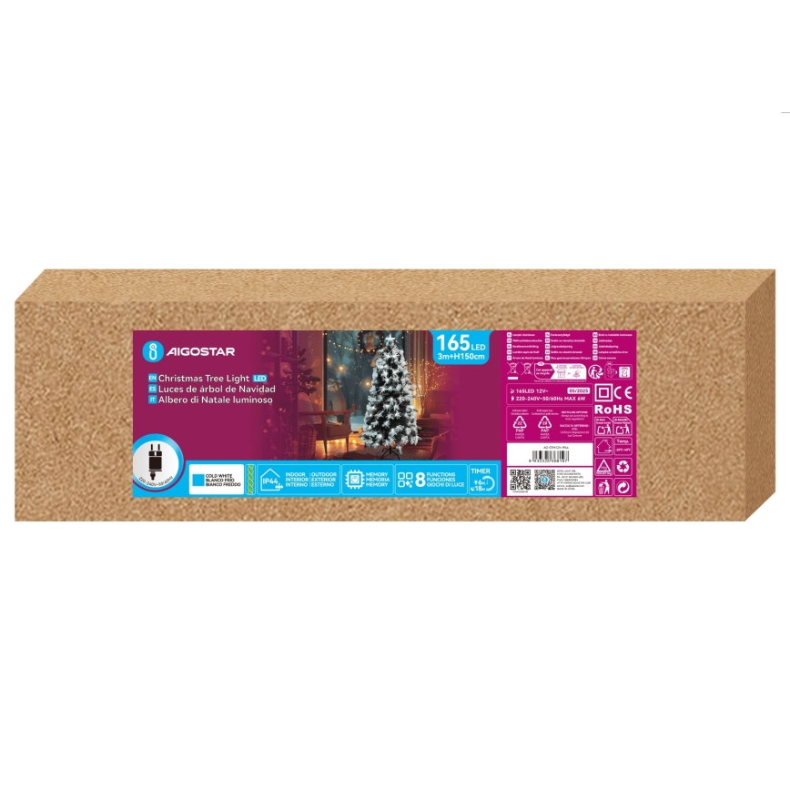 Aigostar - LED udendørs juletræ 165xLED/8 funktioner 1,5 m IP44 kold hvid