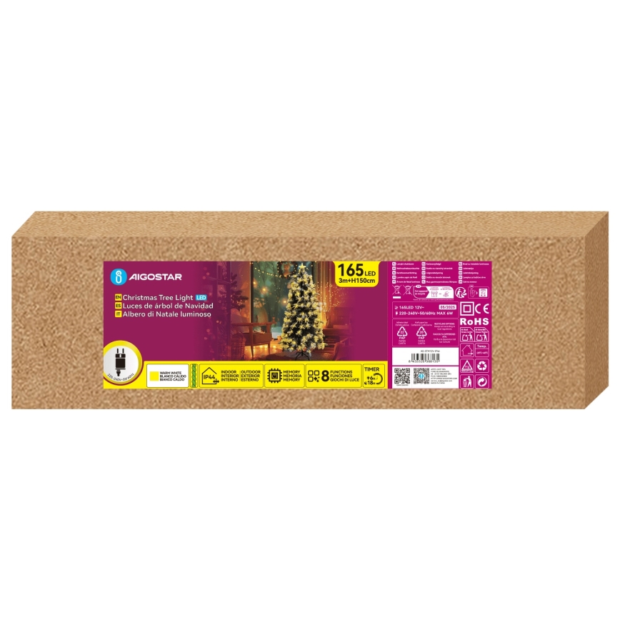 Aigostar - LED udendørs juletræ 165 LED/8 funktioner 1,5 m IP44 varmhvid