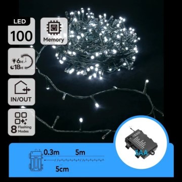 Aigostar - LED udendørs lyskæde 100 LED / 8 funktioner, 3xAA, 5,3 m, IP44, kold hvid