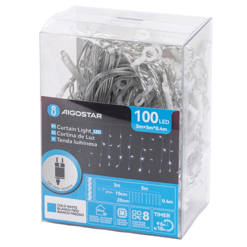 Aigostar - LED udendørs lyskæde 100 LED/8 funktioner 5×0,4 m IP44 kold hvid