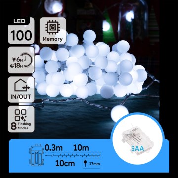 Aigostar - LED udendørs lyskæde 100xLED/3xAA/8 funktioner 10,3 m IP44 kold hvid