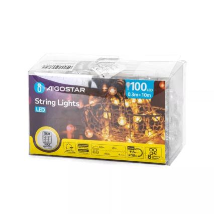 Aigostar - LED udendørs julelyskæde 100xLED/3xAA/8 funktioner 10,3 m IP44 varm hvid