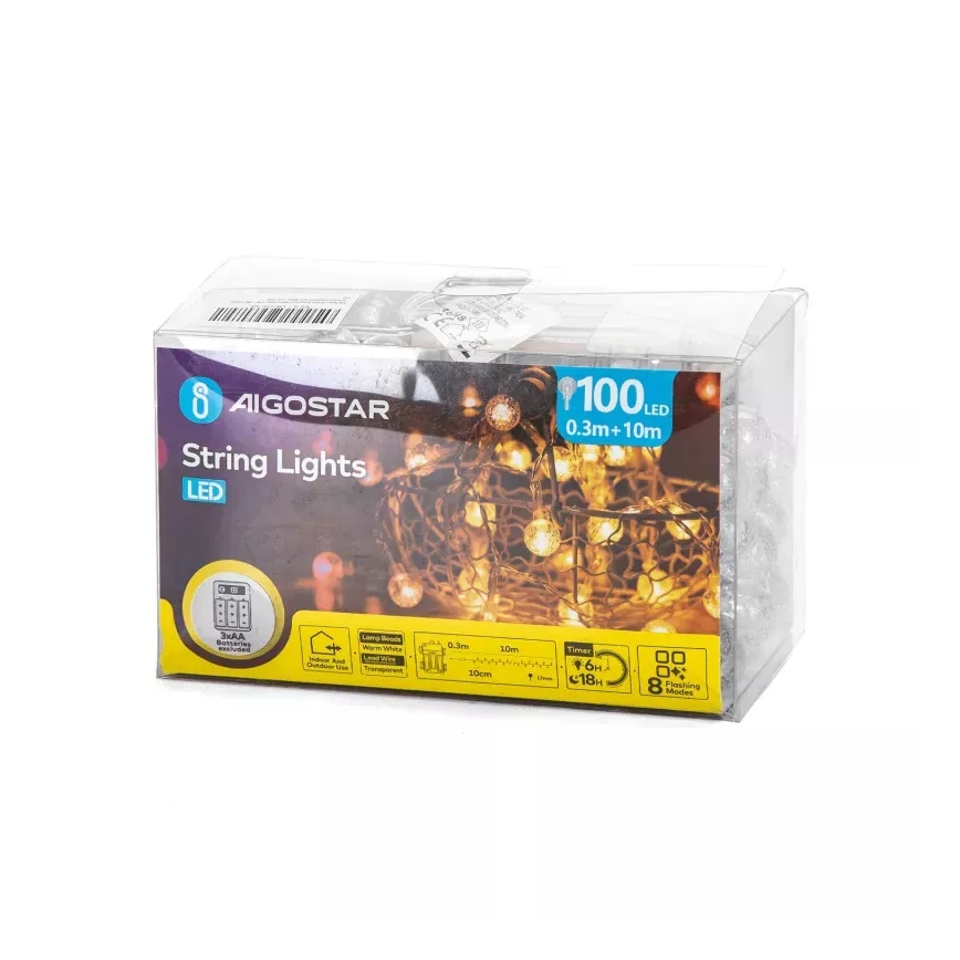 Aigostar - LED udendørs julelyskæde 100xLED/3xAA/8 funktioner 10,3 m IP44 varm hvid